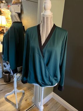 BCBGMaxAzria Teal Wrap Top with Black Trim